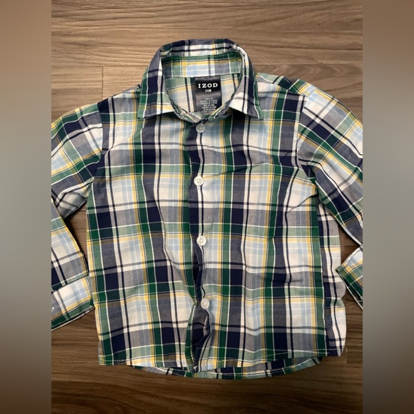 Izod Baby Boy  Blue and Green plaid Casual Button Down Shirt size 24M - Picture 3 of 4